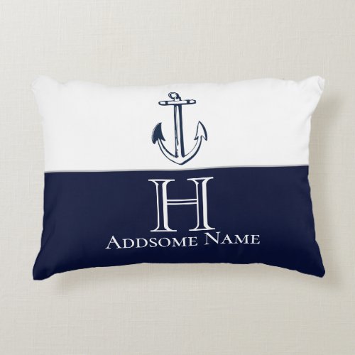 Nautical Navy Blue Anchor Coastal Monogrammed Accent Pillow