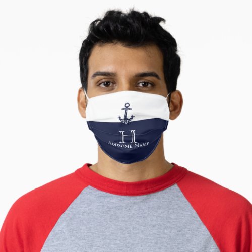 Nautical Navy Blue Anchor Coastal Monogrammed Adult Cloth Face Mask