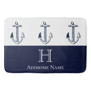 Nautical Navy Blue Anchor Coastal Monogrammed Bath Mat