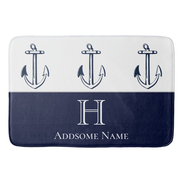 Nautical Navy Blue Anchor Coastal Monogrammed Bath Mat (Front)