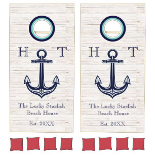 Nautical Navy Blue Anchor Coastal Monogrammed Cor Cornhole Set