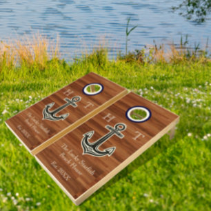 Nautical Navy Blue Anchor Coastal Monogrammed Cornhole Set