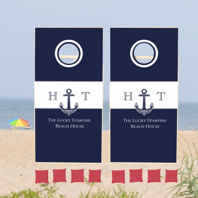 Nautical Navy Blue Anchor Coastal Monogrammed  Cornhole Set (Creator Uploaded)