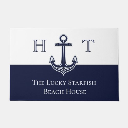 Nautical Navy Blue Anchor Coastal Monogrammed Door Doormat
