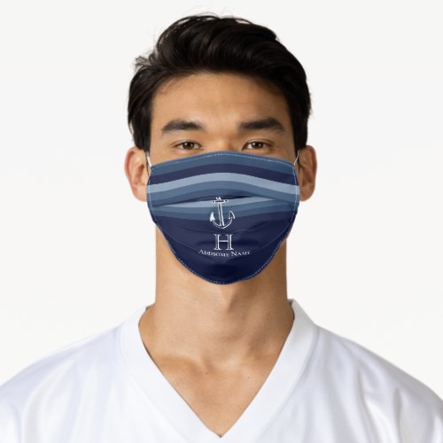 Nautical Navy Blue Anchor Coastal Monogrammed Duve Adult Cloth Face Mask