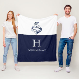 Nautical Navy Blue Anchor Coastal Monogrammed Fleece Blanket