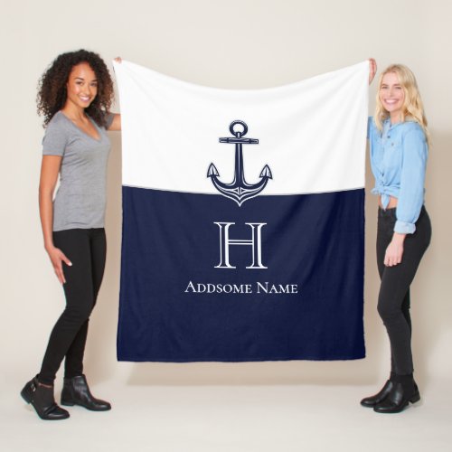 Nautical Navy Blue Anchor Coastal Monogrammed Fleece Blanket