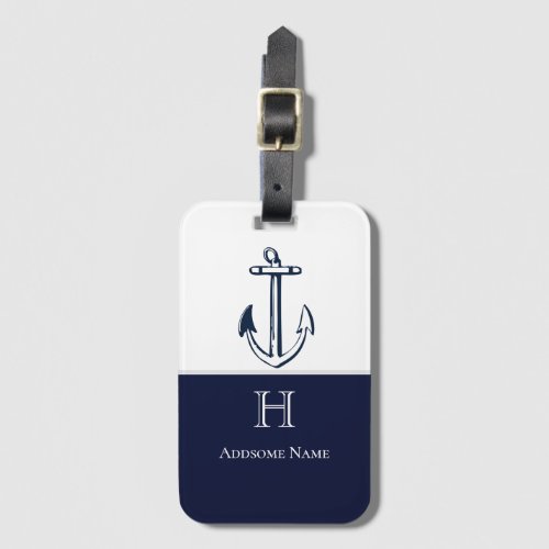 Nautical Navy Blue Anchor coastal Monogrammed Luggage Tag