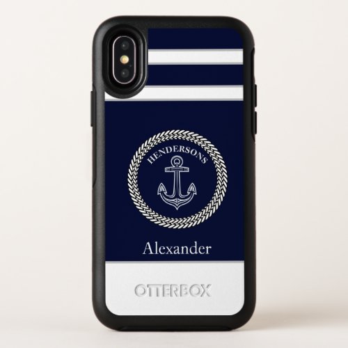 Nautical Navy Blue Anchor Coastal Monogrammed OtterBox Symmetry iPhone XS Case