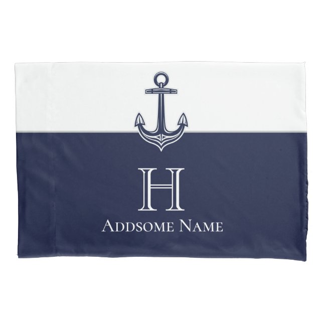 Nautical Navy Blue Anchor Coastal Monogrammed Pillow Case (Front)