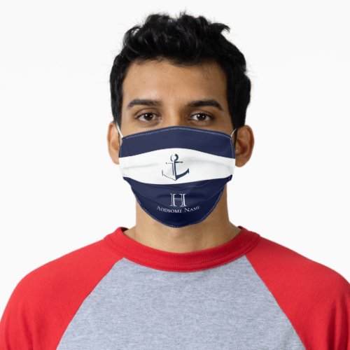 Nautical Navy Blue Anchor Coastal Monogrammed Play Adult Cloth Face Mask