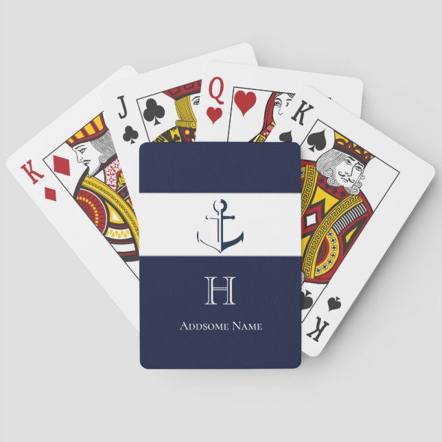 Nautical Navy Blue Anchor Coastal Monogrammed Play Poker Cards (Back)