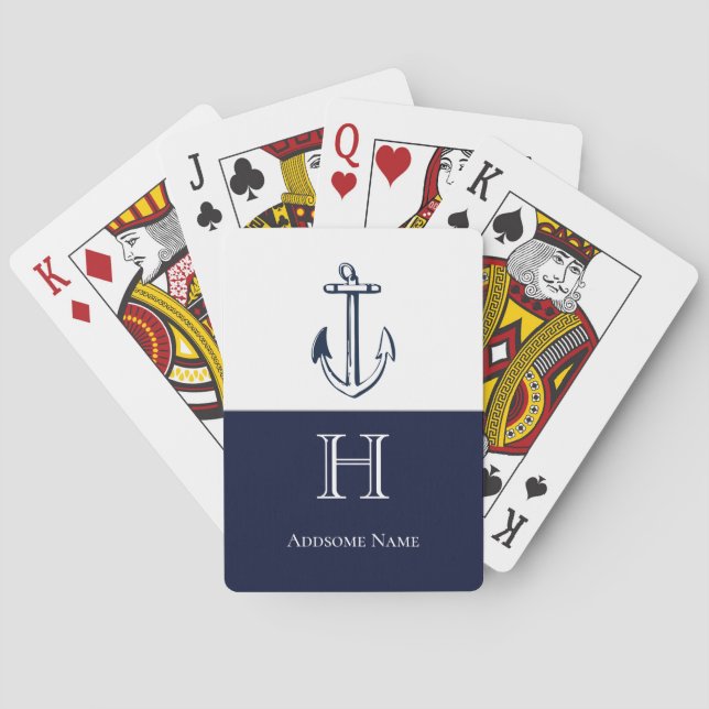 Nautical Navy Blue Anchor Coastal Monogrammed Play Poker Cards (Back)