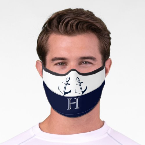 Nautical Navy Blue Anchor Coastal Monogrammed Premium Face Mask