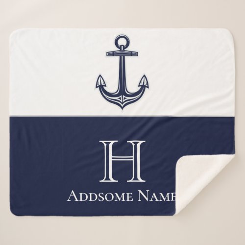 Nautical Navy Blue Anchor Coastal Monogrammed Sherpa Blanket
