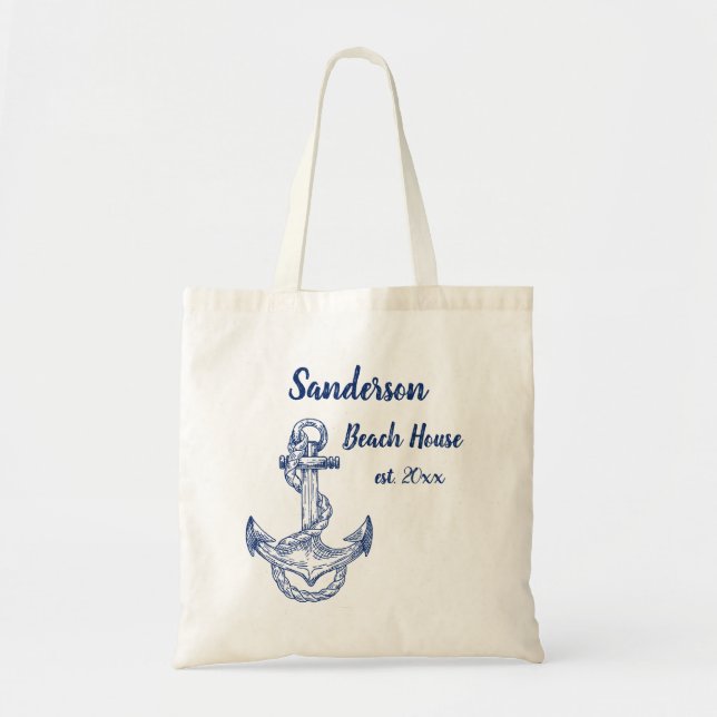 Nautical Navy Blue Anchor Coastal Monogrammed Tote Bag (Front)