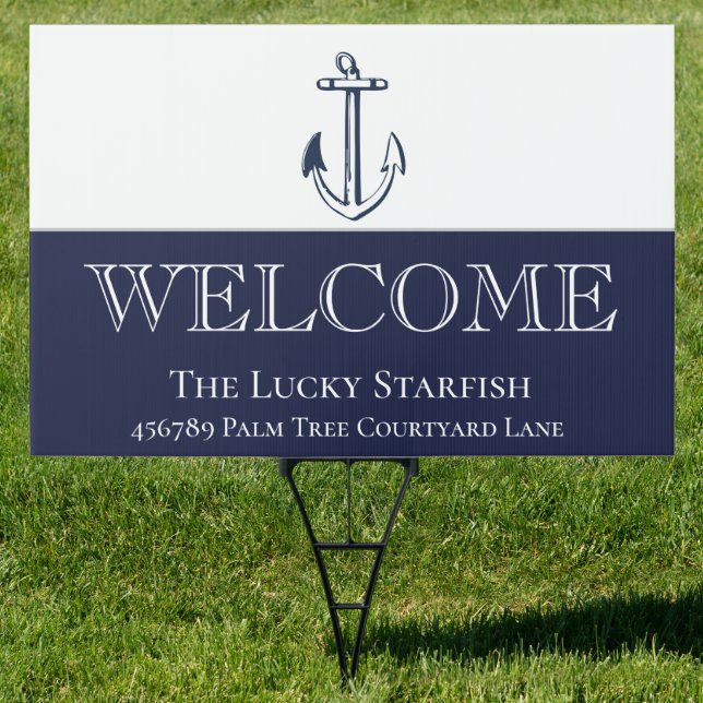 Nautical Navy Blue Anchor Coastal Rental Welcome Sign (Insitu)