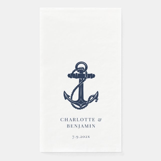 Nautical Navy Blue Anchor Coastal Wedding Paper Guest Towels (Front)