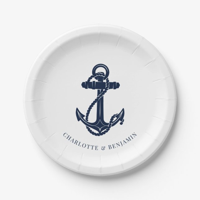 Nautical Navy Blue Anchor Coastal Wedding Paper Plates (Front)