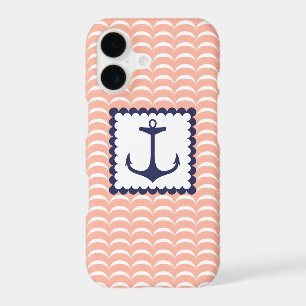 Nautical Navy Blue Anchor Coral Pink Waves iPhone 17 Case