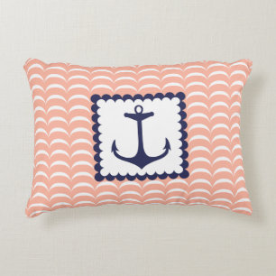 Nautical Navy Blue Anchor Coral Pink Waves Decorative Pillow