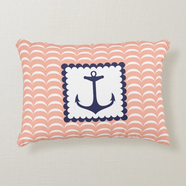 Nautical Navy Blue Anchor Coral Pink Waves Decorative Pillow (Front)