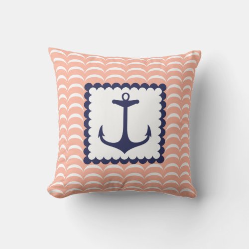 Nautical  Navy Blue Anchor Coral Pink  Waves Throw Pillow