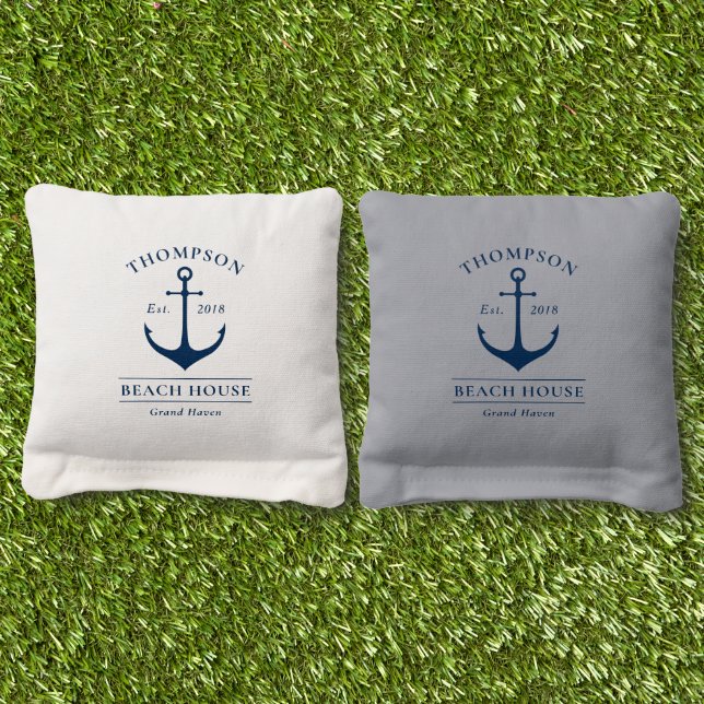 Nautical Navy Blue Anchor Custom Beach House Name Cornhole Bags (Grass)