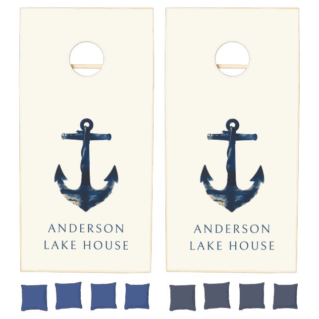 Nautical Navy Blue Anchor Custom Beach House Name  Cornhole Set (Set)
