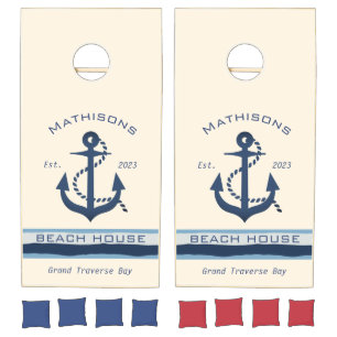 Nautical Navy Blue Anchor Custom Beach House Name Cornhole Set
