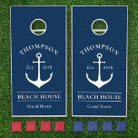 Nautical Navy Blue Anchor Custom Beach House Name Cornhole Set<br><div class="desc">Nautical cornhole game set features a coastal style with an elegant boat anchor and custom text that can be personalized with a last name   beach house (or other title) with the year established and location. Design includes a navy blue and white color scheme.</div>