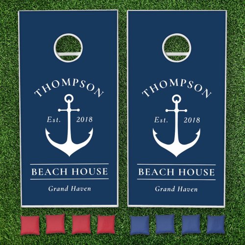 Nautical Navy Blue Anchor Custom Beach House Name Cornhole Set