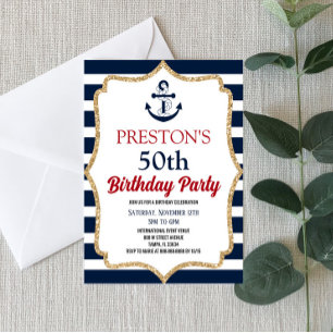 Nautical Navy Blue Anchor Custom Birthday Party Invitation