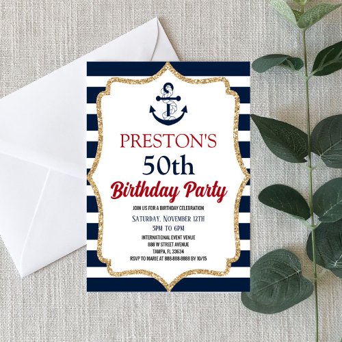 Nautical Navy Blue Anchor Custom Birthday Party Invitation
