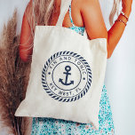 Nautical Navy Blue Anchor | Custom Boat Name Tote Bag<br><div class="desc">Tote your boat gear with this awesome personalized bag that you can easily customize with your boat name! Classic nautical design features your boat name and ship's registry curved inside a navy blue rope logo badge with an anchor illustration in the center.</div>