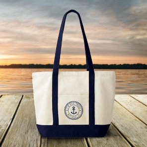 Nautical Navy Blue Anchor Custom Boat Name Tote Bag