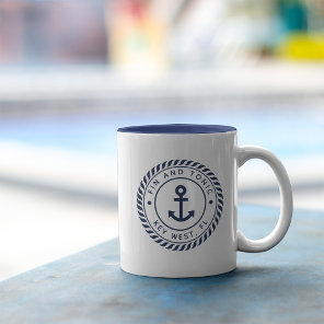 Nautical Navy Blue Anchor Custom Boat Name Two-Tone Coffee Mug