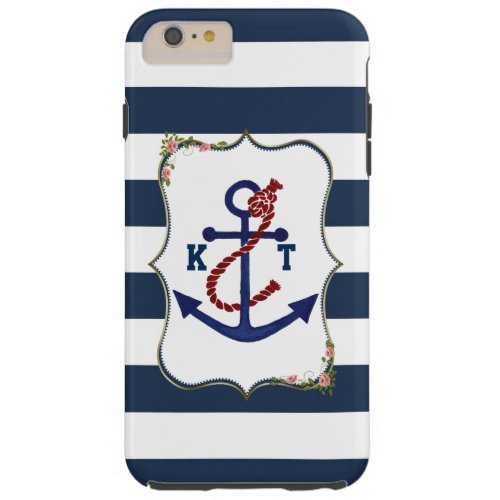 Nautical Navy Blue Anchor Custom Monogram Tough iPhone 6 Plus Case