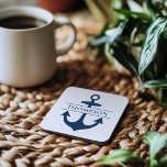 Nautical Navy Blue Anchor Custom Monogram Name Beverage Coaster<br><div class="desc">Modern and elegant nautical custom family monogrammed hard plastic beverage coaster features a coastal style with boat anchor and intersecting striped monogram text that can be personalized with a last name. Navy blue design can be customized.</div>