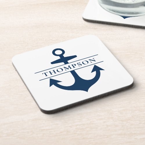 Nautical Navy Blue Anchor Custom Monogram Name Beverage Coaster