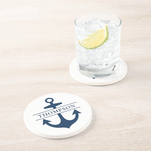 Nautical Navy Blue Anchor Custom Monogram Name Coaster