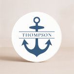 Nautical Navy Blue Anchor Custom Monogram Name Coaster<br><div class="desc">Modern and elegant nautical custom family monogrammed sandstone stone coaster features a coastal style with boat anchor and intersecting striped monogram text that can be personalized with a last name. Navy blue design can be customized.</div>