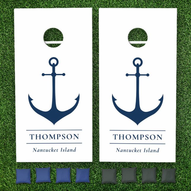 Nautical Navy Blue Anchor Custom Monogram Name Cornhole Set (Creator Uploaded)