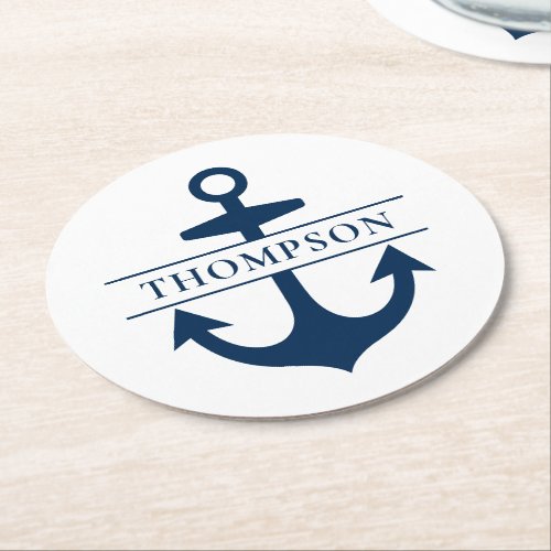 Nautical Navy Blue Anchor Custom Monogram Name Round Paper Coaster