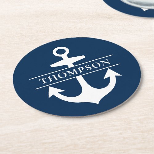 Nautical Navy Blue Anchor Custom Monogram Name Round Paper Coaster