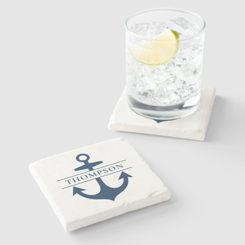 Nautical Navy Blue Anchor Custom Monogram Name Stone Coaster