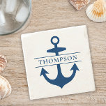 Nautical Navy Blue Anchor Custom Monogram Name Stone Coaster<br><div class="desc">Modern and elegant nautical custom family monogrammed stone coaster features a coastal style with boat anchor and intersecting striped monogram text that can be personalized with a last name. Navy blue design can be customized.</div>