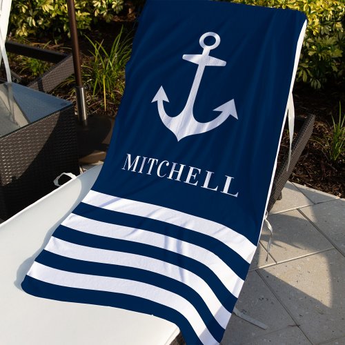 Nautical Navy Blue Anchor Custom Name Beach Beach Towel