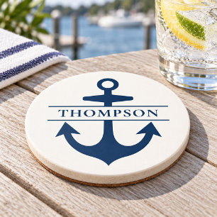 Nautical Navy Blue Anchor Custom Name Coaster