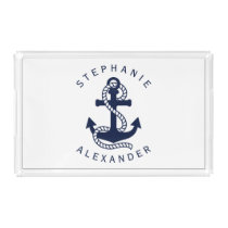 Nautical Navy Blue Anchor Custom Name Serving Tray